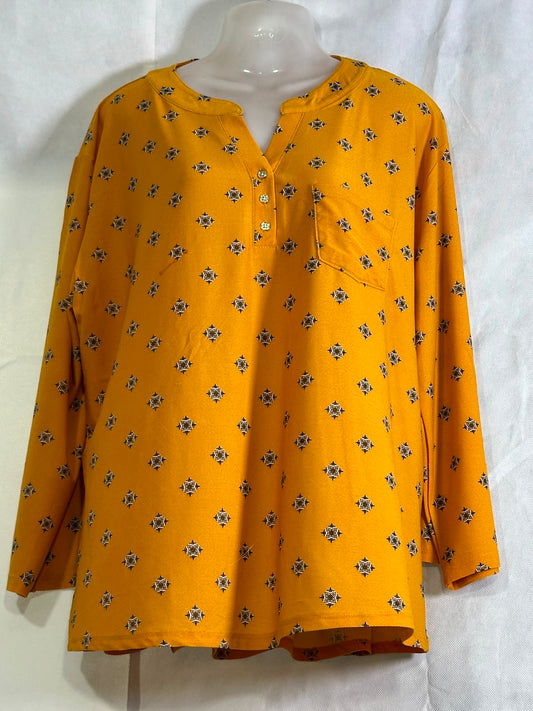 Preloved Ashley Blue Mustard Yellow Geo-Print V-Neck Henley Tunic Top