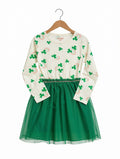Preloved Cat & Jack Long-Sleeve Shamrock Tutu Dress – Emerald Green & Cream (Size 7-8 Years)