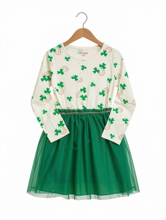 Preloved Cat & Jack Long-Sleeve Shamrock Tutu Dress – Emerald Green & Cream (Size 7-8 Years)