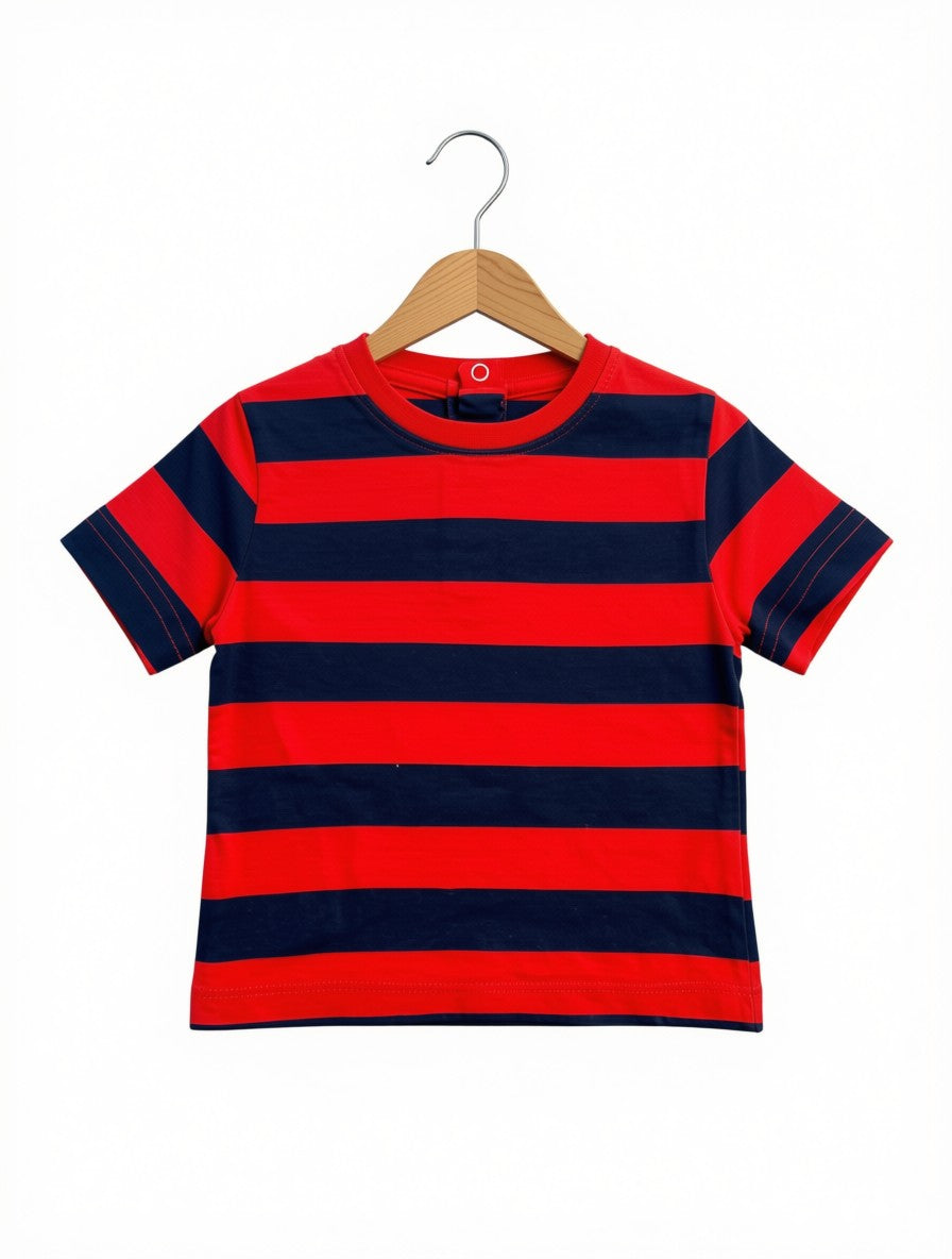 Boys' Preloved Red and Navy Striped Short-Sleeve T-Shirt (Size 2-3Y)