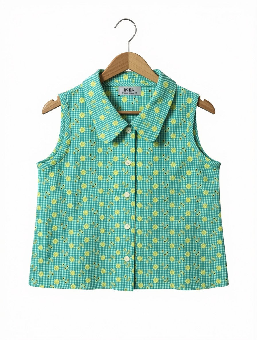 Girls Preloved Green Gingham Sunflower Sleeveless Top (Size 6-7Y)