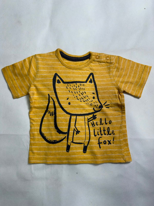 Preloved Baby Mustard Yellow Striped "Hello Little Fox!" Snap-Shoulder T-Shirt