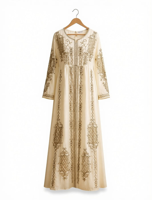 Off White Chiffon Kaftan Maxi Dress - Gold Embroidered Modest Formal Long Gown