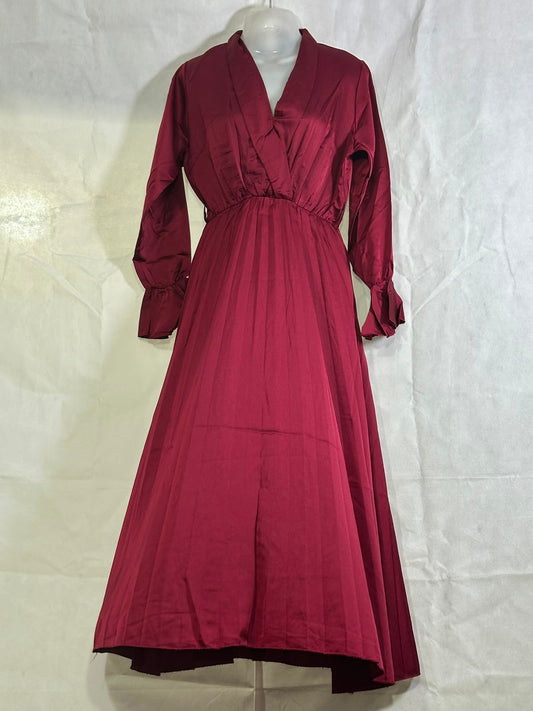 Preloved Boohoo Wine Red Satin Wrap Pleated Maxi Dress