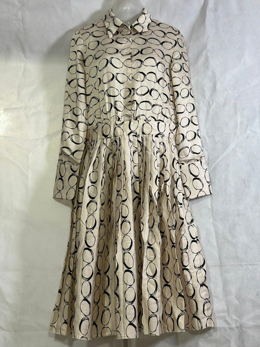 Preloved MANGO Suit Cream & Black Geometric Oval Print Pleated Shirt Dress