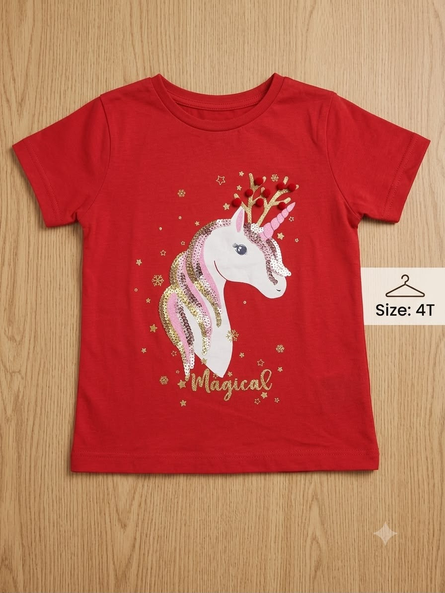 Preloved Kids Festive "Magical" Reindeer Unicorn Graphic T-Shirt – Crimson Red (Size 4T)