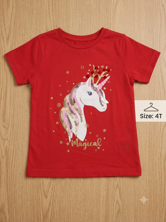 Preloved Kids Festive "Magical" Reindeer Unicorn Graphic T-Shirt – Crimson Red (Size 4T)