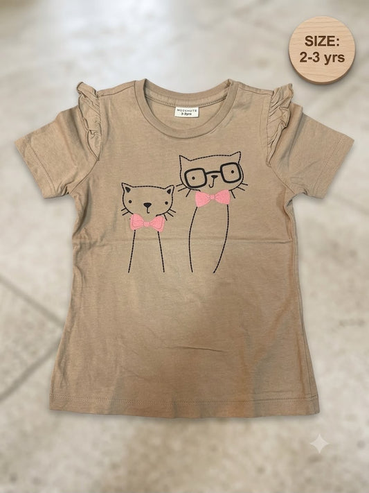 Preloved Motehuts Kids Cat Graphic Ruffled T-Shirt – Taupe Beige (Ages 2-3 Yrs)