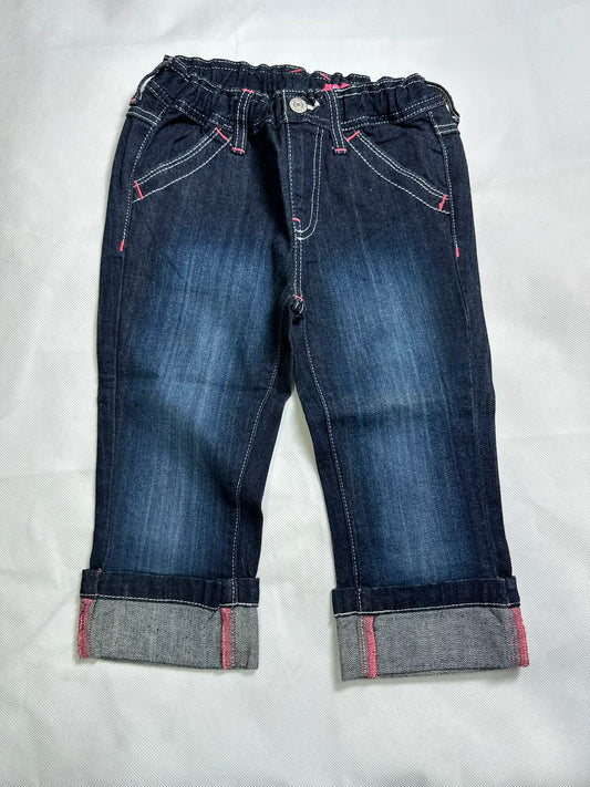 Preloved Girls Dark Wash Cuffed Pink Stitch Detail Elastic Waist Jeans