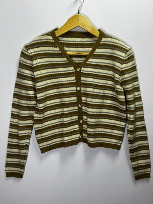 Preloved Women's Olive & Cream Striped V-Neck Ribbed Cardigan