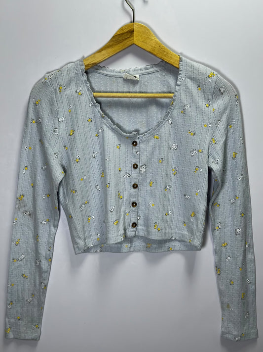 Preloved Women's Cotton:On Light Blue Floral Print Ribbed Crop Top