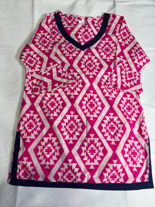 Preloved Women's Pink & White Aztec Diamond Printed Cotton Kurti