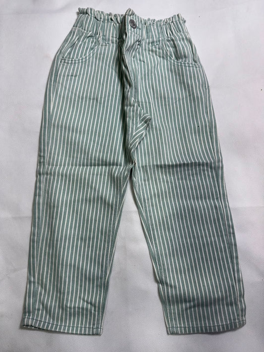 Preloved Sage Green & White Vertical Striped Paperbag Elastic Waist Trousers