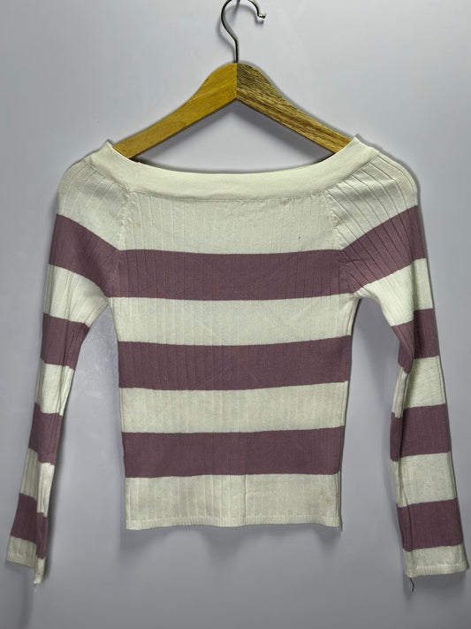 Preloved Women's Off-White & Mauve Striped Ribbed Off-The-Shoulder Top