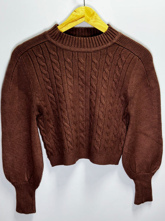 Preloved Women's Olivaceous Chocolate Brown Cable Knit Mock Neck Sweater
