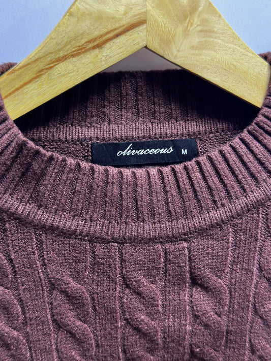 Preloved Women's Olivaceous Chocolate Brown Cable Knit Mock Neck Sweater