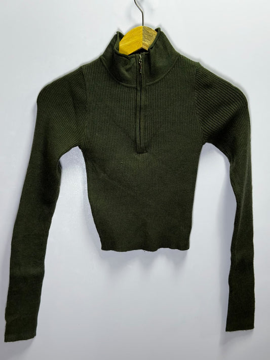 Preloved Women's Cider Olive Green Ribbed Half-Zip Sweater