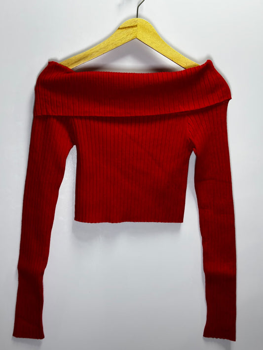 Preloved Women's Forever 21 Bright Red Off-The-Shoulder Ribbed Top