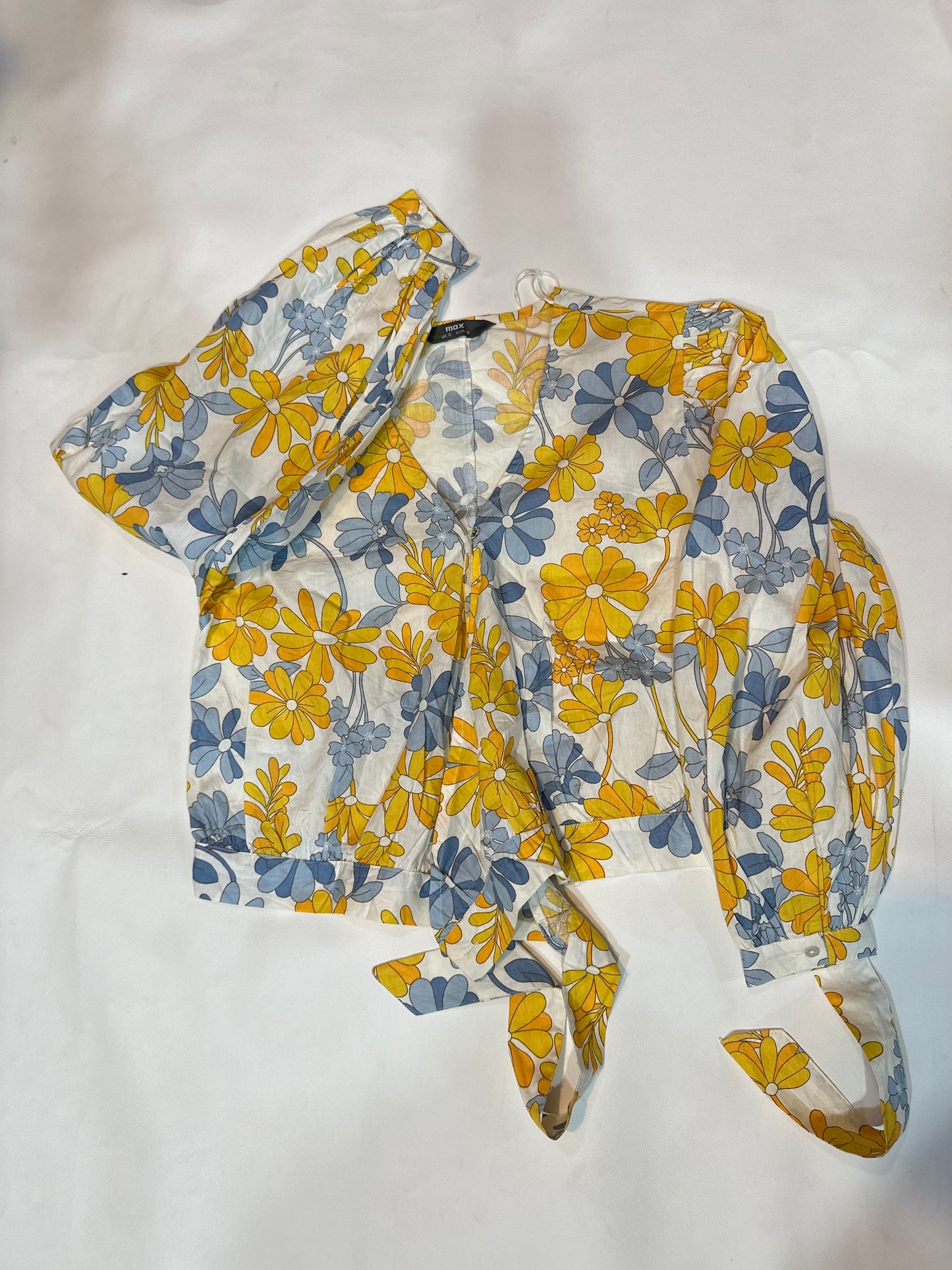 MAX Yellow & Blue Floral Front-Tie V-Neck Blouse