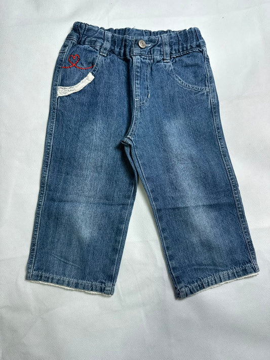 Preloved Girls Medium Wash Lace Pocket & Red Embroidered Heart Elastic Waist Jeans