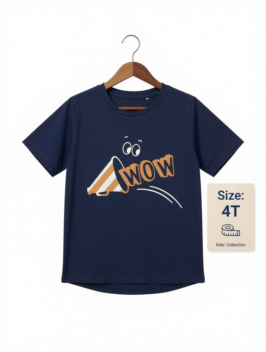 Preloved Kids "WOW" Megaphone Graphic T-Shirt – Navy Blue (Size 4T)