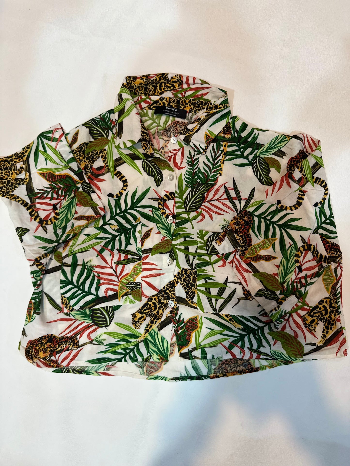 Bershka Tropical Jungle Leopard Print Short Sleeve Button-Down Shirt