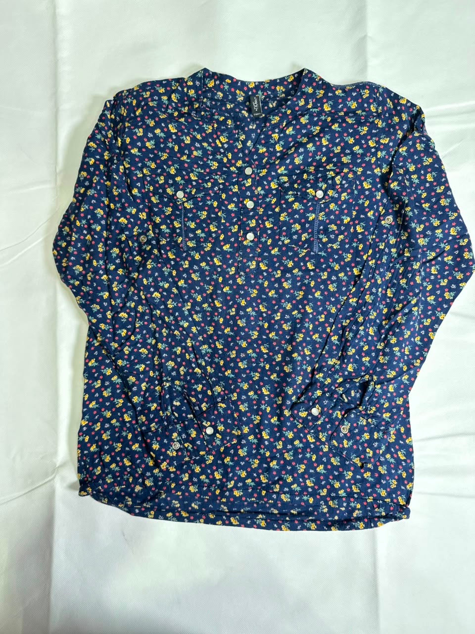 Preloved Navy Floral Ditsy Print Henley Long Sleeve Blouse