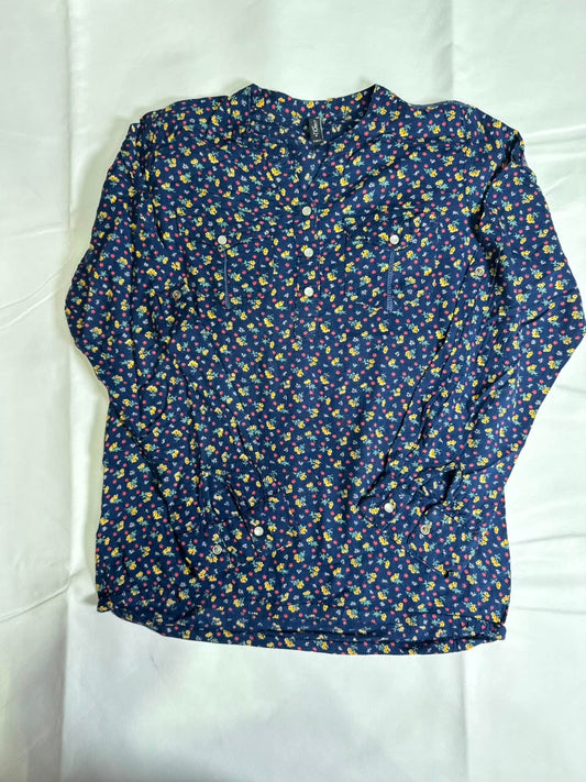 Preloved Navy Floral Ditsy Print Henley Long Sleeve Blouse