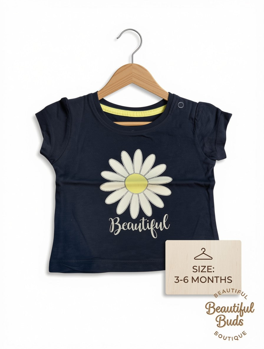 Preloved Baby Girls "Beautiful" Daisy Graphic T-Shirt – Dark Navy (3-6 Months)