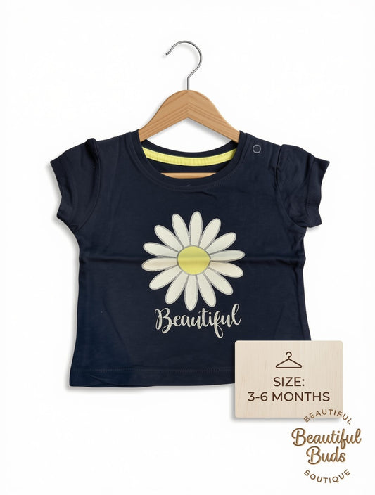 Preloved Baby Girls "Beautiful" Daisy Graphic T-Shirt – Dark Navy (3-6 Months)