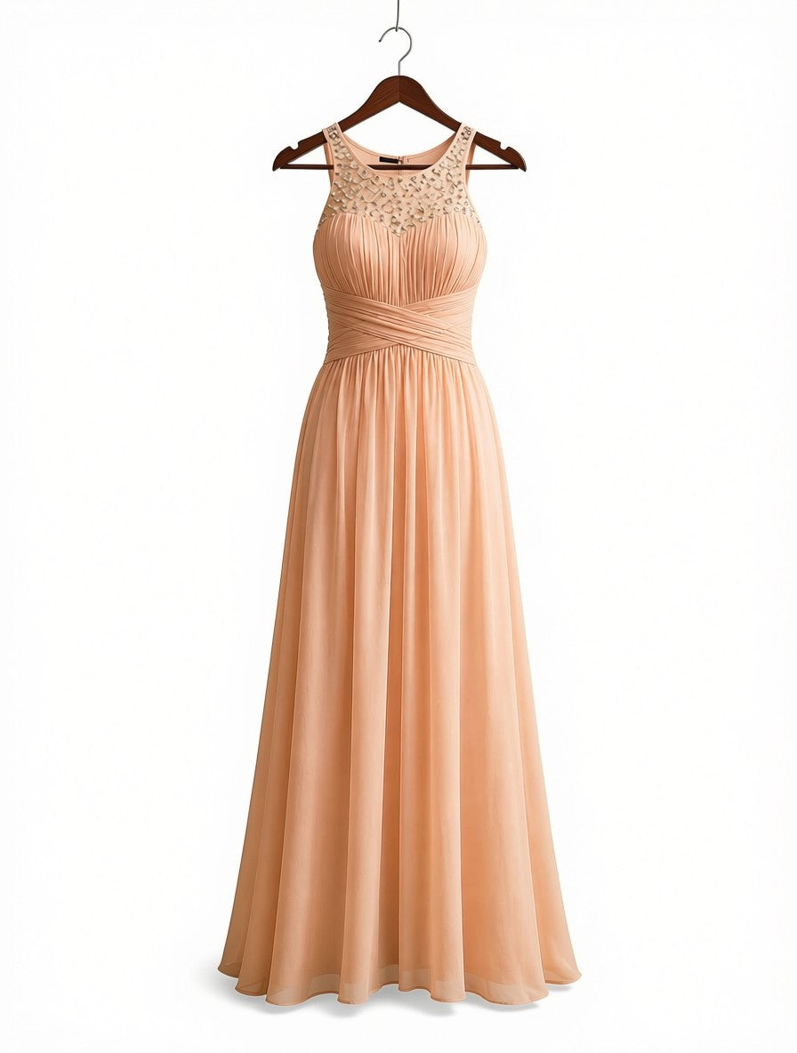 Elegant Peach Chiffon Maxi Dress - Crystal Beaded Illusion Neckline Formal Prom Gown