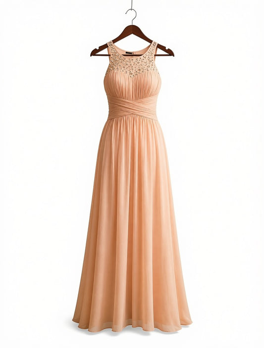 Elegant Peach Chiffon Maxi Dress - Crystal Beaded Illusion Neckline Formal Prom Gown