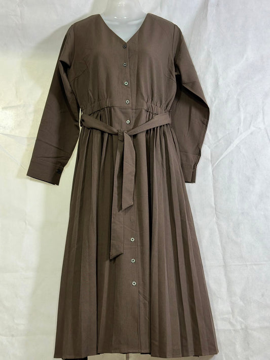 Preloved YECCA VECCA Mocha Brown Belted V-Neck Pleated Maxi Shirt Dress