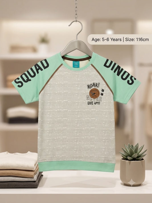Preloved Kids "Dinos Squad" Raglan Striped T-Shirt – Mint Green (Ages 5-6)