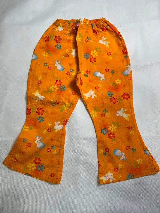 Preloved Girls Bright Orange Bunny & Floral All-Over Print Flare Trousers