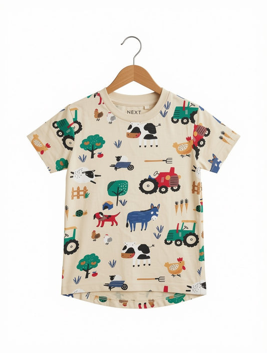 Preloved Next Kids All-Over Farm Print T-Shirt – Beige (Ages 2-3 Yrs)