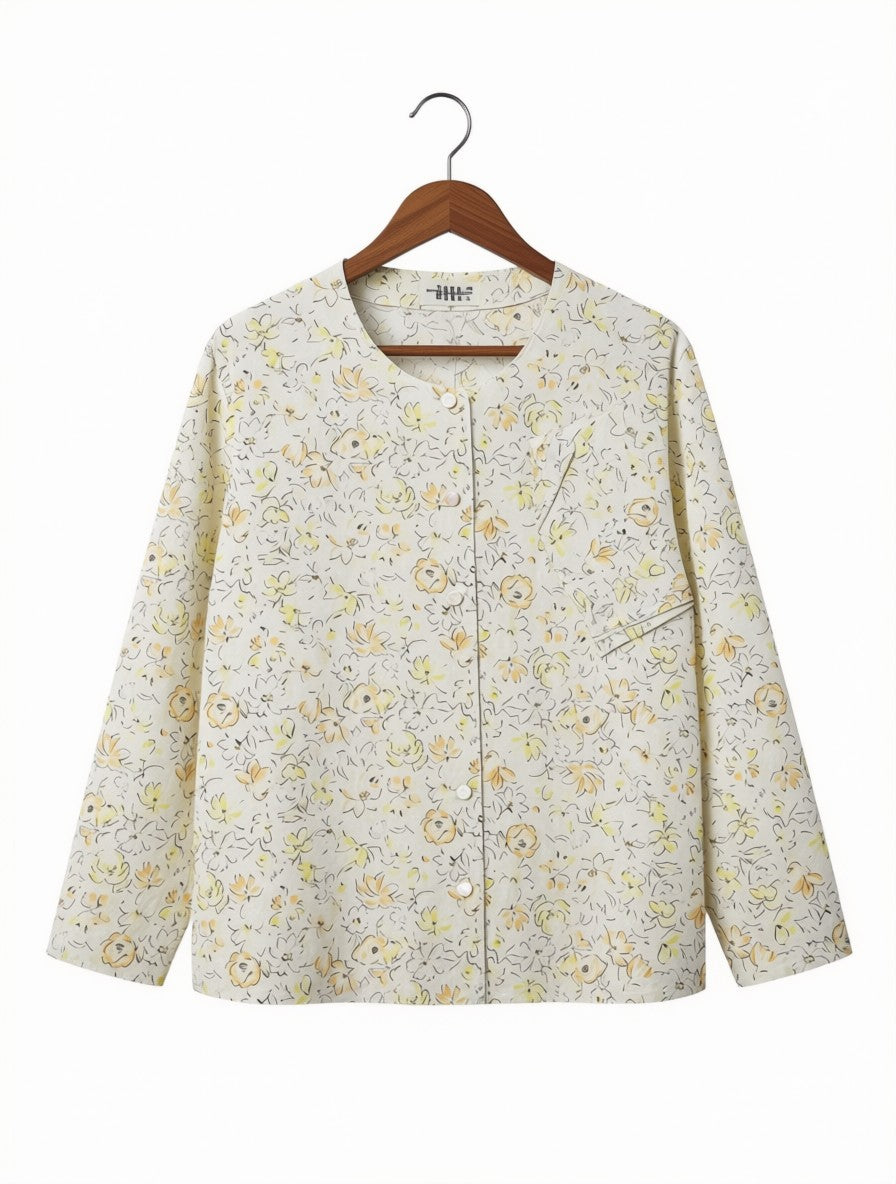 Women's Preloved Yellow Sketchy Floral Collarless Blouse (Size L)