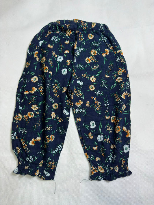 Preloved Girls Navy Blue Floral Print Smocked Ankle Cuff Bloomers Trousers