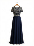 Navy Blue Chiffon Maxi Dress - Sequin Embroidered Formal Evening Long Gown
