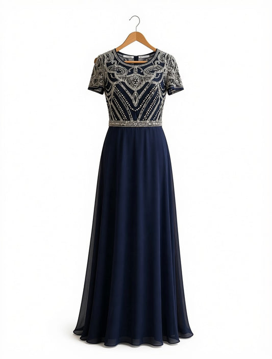 Navy Blue Chiffon Maxi Dress - Sequin Embroidered Formal Evening Long Gown