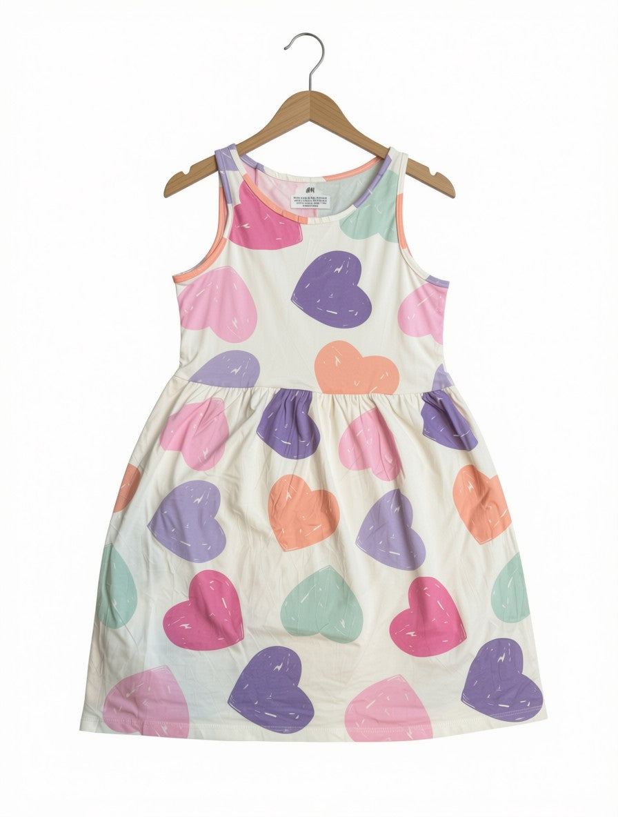 Preloved H&M Pastel Colorful Hearts Dress – Sleeveless Gathered Waist (Size 7-8 Years)