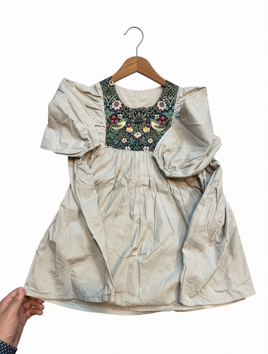Preloved Kids William Morris Style Floral Print Dress – Beige Puff-Sleeve (Size 7-8 Years)