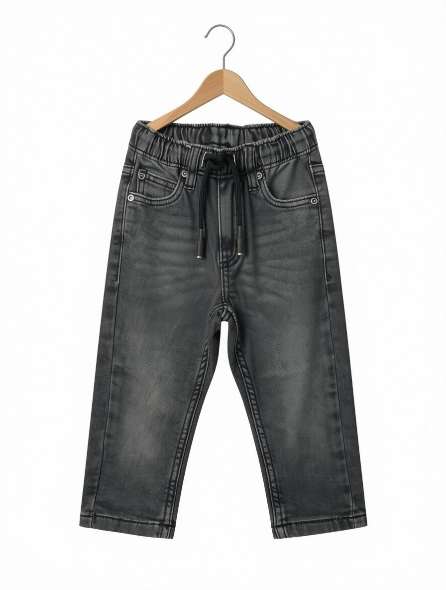 Preloved Kids Elastic Waist Drawstring Jeans – Washed Black Denim (Size 4T/5T)