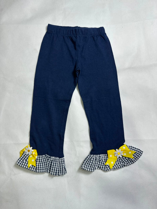 Preloved Girls Navy Blue Gingham Ruffle Hem Daisy & Polka Dot Bow Leggings