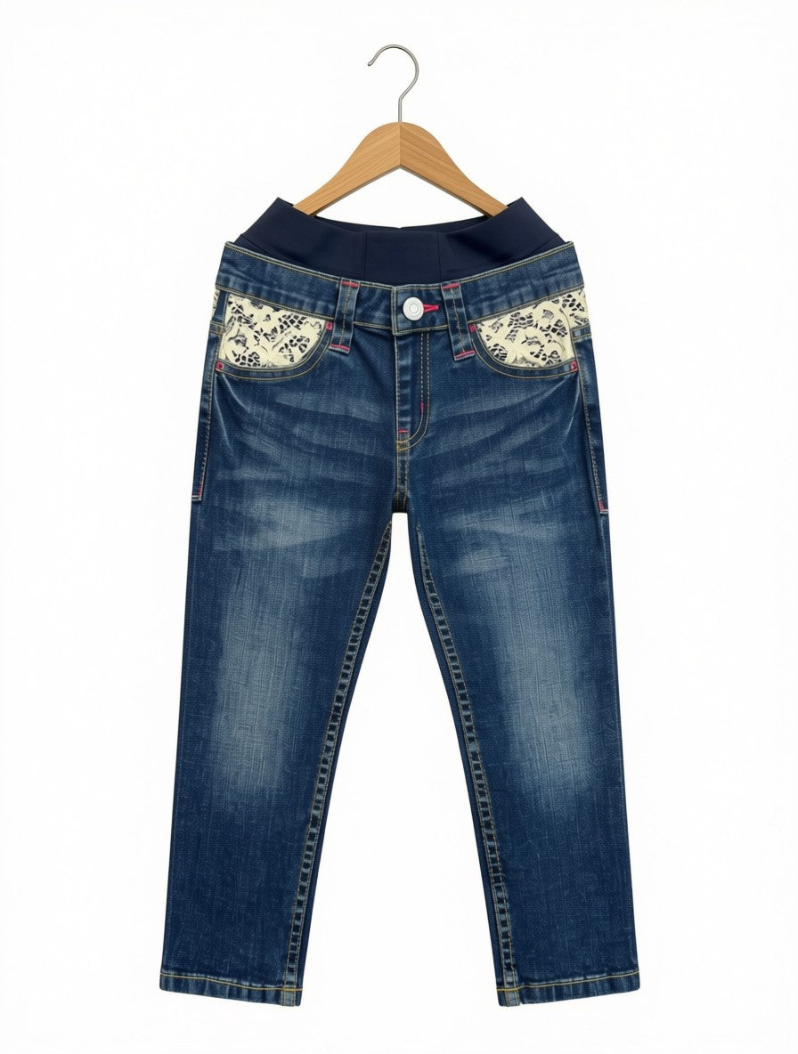 Girls' Preloved Lace-Accent Comfort Waist Straight Jeans (Size 6-7Y)