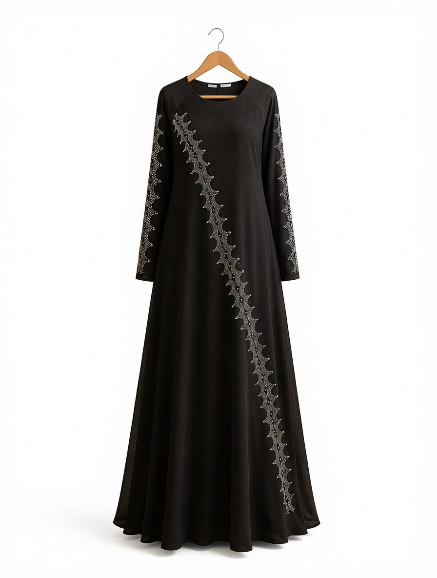 Elegant Black Chiffon Maxi Dress - Rhinestone Embellished Modest Long Gown