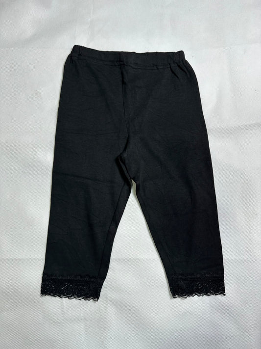 Preloved Girls Solid Black Lace-Trim Hem Elastic Waist Cropped Stretch Leggings