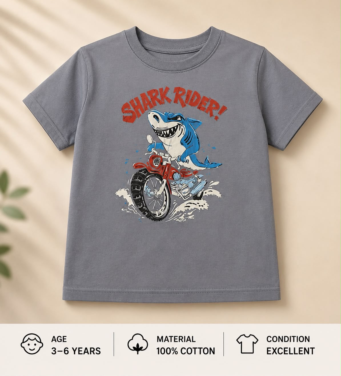 Preloved Kids "Shark Rider" Graphic T-Shirt – Grey 100% Cotton (Ages 3-6)