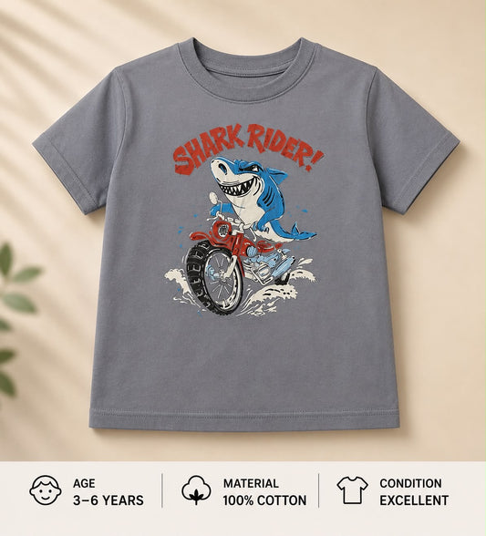 Preloved Kids "Shark Rider" Graphic T-Shirt – Grey 100% Cotton (Ages 3-6)
