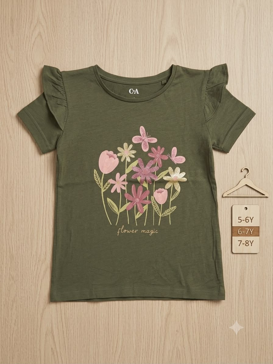 Preloved C&A Kids "Flower Magic" Ruffled Graphic T-Shirt – Olive Green